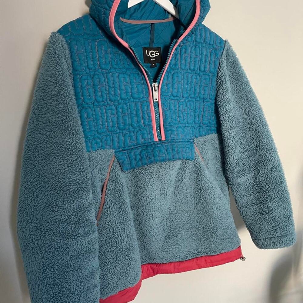 UGG RTW Blue Sherpa Fleece Hooded Pullover Jacket Pink Trim Women’s S
